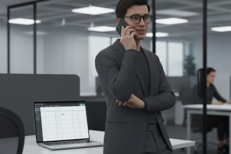 Man in a suit on a phone call beside a laptop displaying sales spreadsheets, symbolizing real-time decision-making supported by Infer AI lead gen.