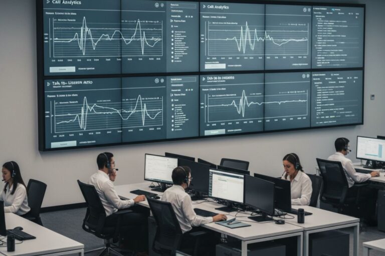 Two professionals reviewing system performance on large monitors, illustrating operational impact in an Invoca AI review of analytics tools.