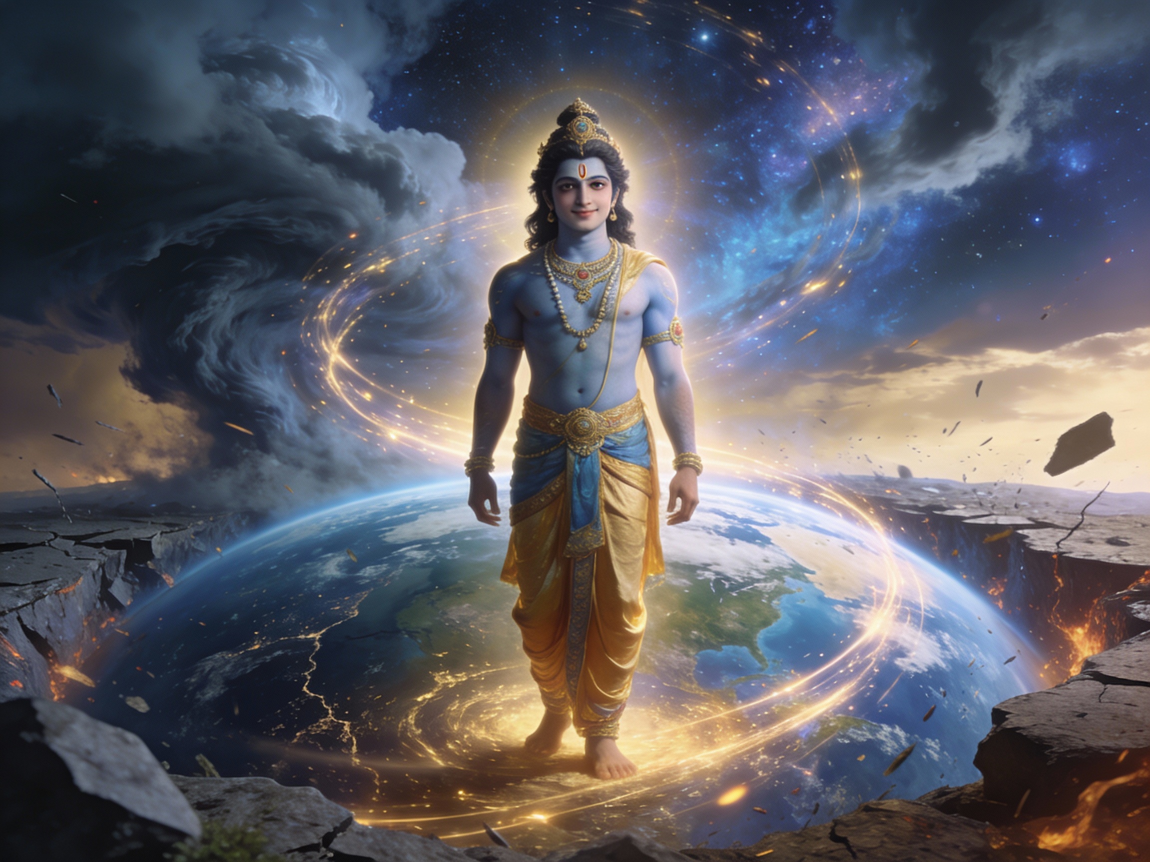 lord vishnu standing over the earth, depicting that people should learn vishnu sahasranam and take his refuge. Vishnu Sahasranama chanting can do wonders in your life.