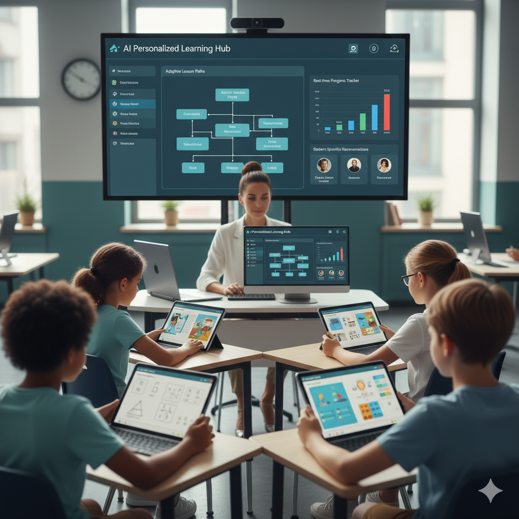 “Educator reviewing a digital report on a large monitor while holding a tablet, showcasing personalized learning via AI classroom tech.”