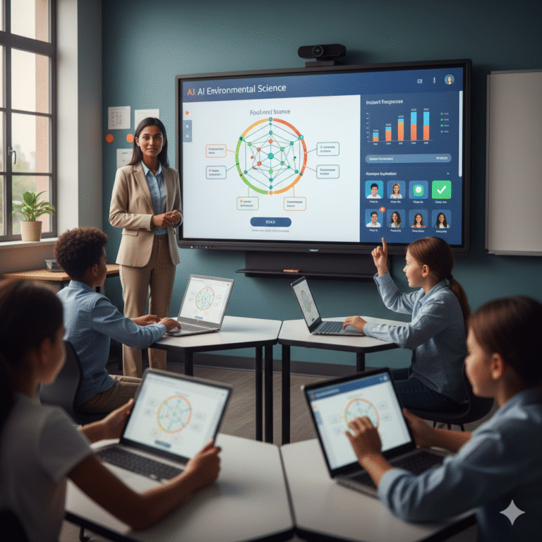 Dual-monitor workstation showing documents and graphs with highlighted text, depicting assessment and editing powered by AI classroom tech.”
