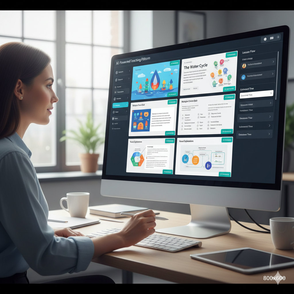 Modern classroom setup with three monitors displaying charts and analytics, illustrating real-time feedback through AI classroom tech.”
