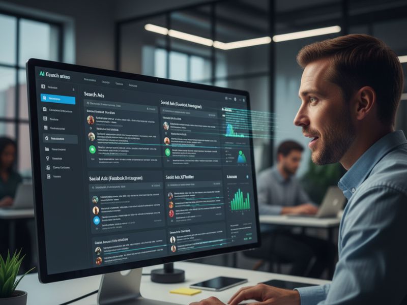 “Professional reviewing a dashboard with data streams and engagement metrics, illustrating campaign insights from AI marketing copy.”
