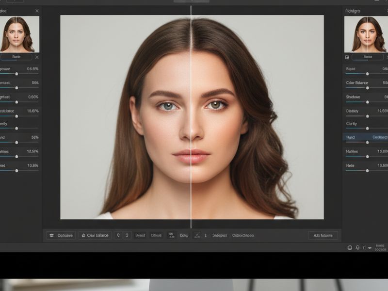 Split-screen portrait showing before-and-after results using AI photo enhancer for facial clarity and tone.”