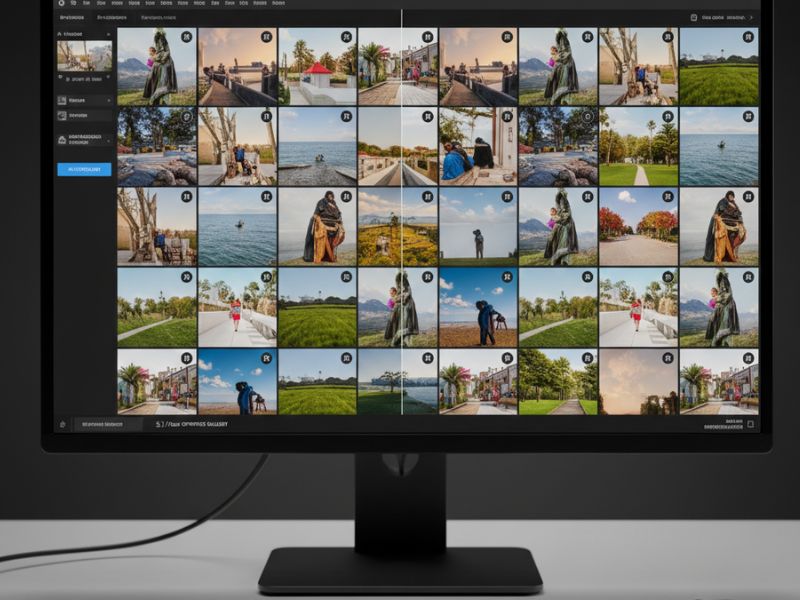 “Monitor displaying a grid of image thumbnails, illustrating batch processing and organization via AI photo enhancer.”