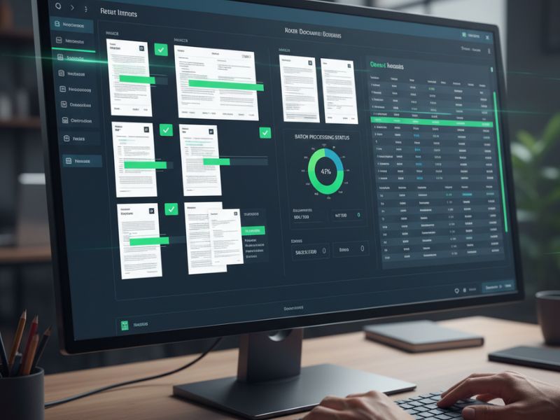 Monitor displaying a dark interface with charts and circular graphs, showcasing analytics capabilities of document AI tools.”