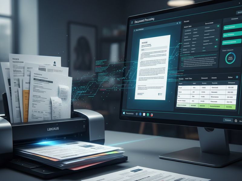 Screen showing a digital form beside a printer and paper stacks, illustrating scanning and archiving via document AI tools.