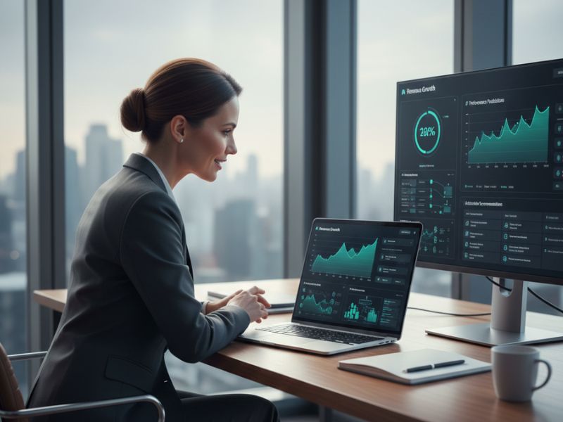 “Modern office desk with laptop and monitor displaying line graphs and circular indicators, illustrating business intelligence powered by AI text mining.”