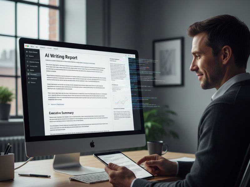Person reviewing a written report on a large monitor while holding a tablet, illustrating document refinement using AI writing tools.