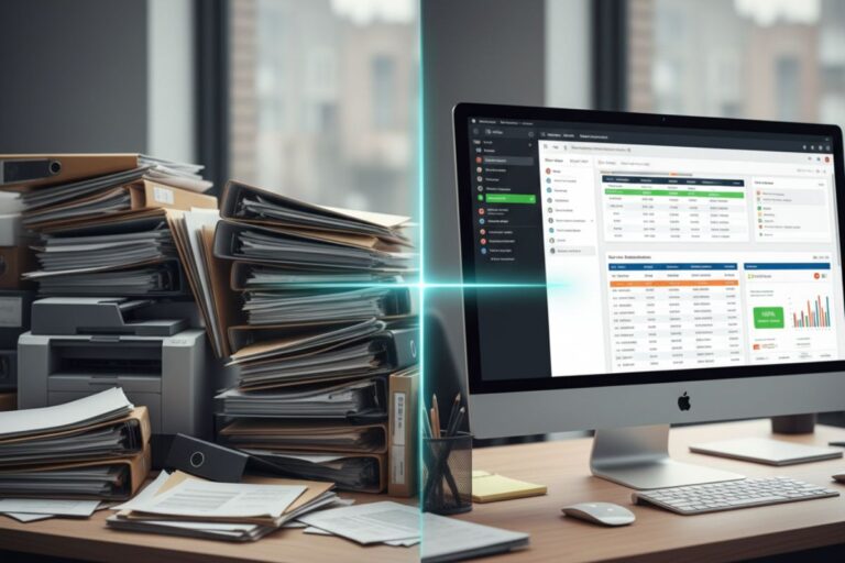 Monitor with spreadsheet software and nearby paper files, depicting data entry and digitization using document AI tools.”