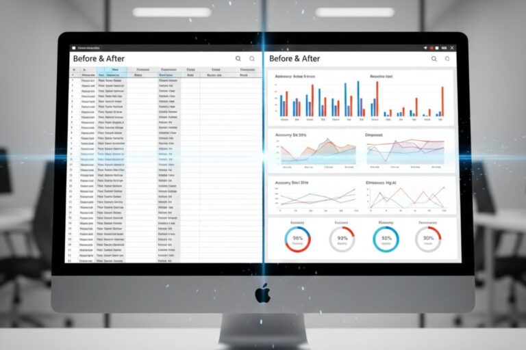 Close-up of dual monitors showing spreadsheets and colorful bar and pie charts, visualizing structured outputs from AI text mining.”