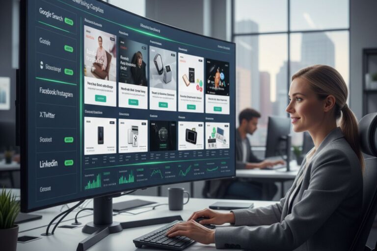 Dual-monitor setup displaying product images and performance metrics, showcasing optimization through AI marketing copy.”